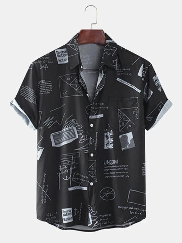 Abstract Letter Print Half Sleeve Shirt - Lycra, L (Chest Size: 41 in, Length Size: 29in) 