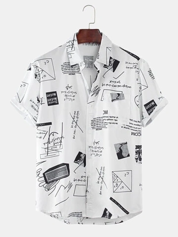 Abstract Letter Print Half Sleeve Shirt - lycra, M (Chest Size: 39 in, Length Size: 28.5in) 
