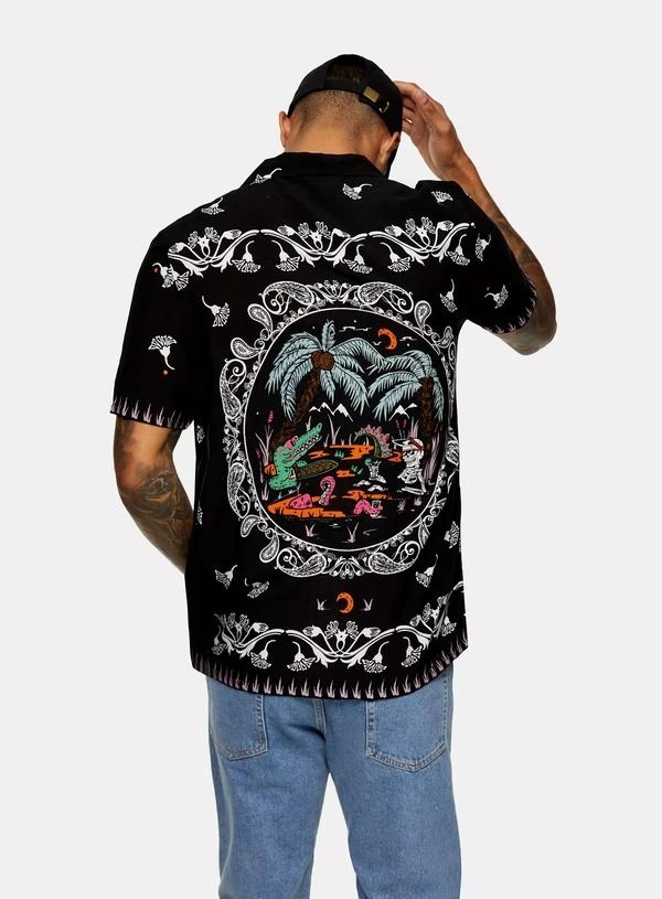 Crocodile Print Revere Half Sleeve Shirt - poly cotton, L (Chest Size: 41 in, Length Size: 29in) 