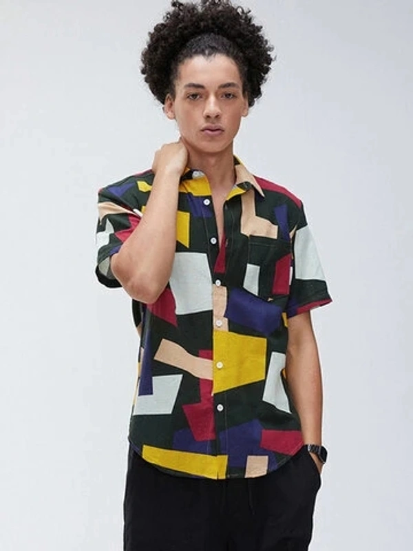 Abstract Colourblock Half Sleeve Shirt - crepe, L (Chest Size: 34 in, Length Size: 27.5 in) 