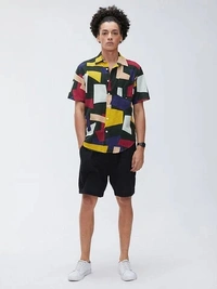 Abstract Colourblock Half Sleeve Shirt - crepe, L (Chest Size: 34 in, Length Size: 27.5 in) 