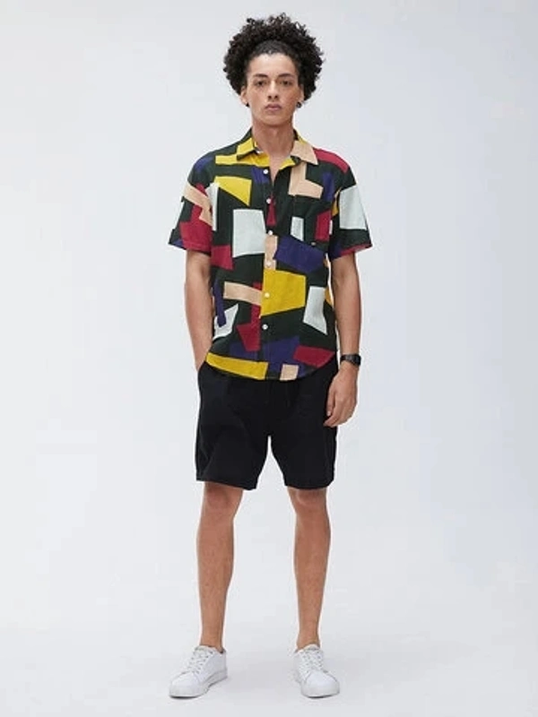 Abstract Colourblock Half Sleeve Shirt - crepe, L (Chest Size: 34 in, Length Size: 27.5 in) 