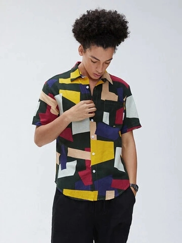 Abstract Colourblock Half Sleeve Shirt - crepe, XL (Chest Size: 36 in, Length Size: 28.5 in)