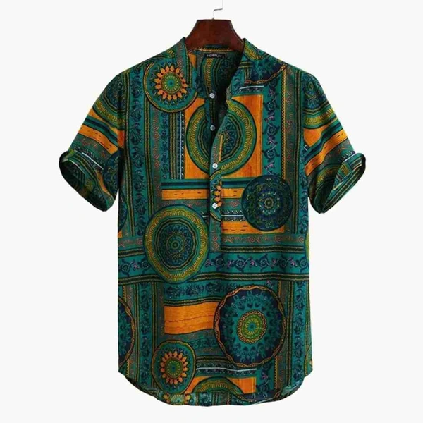 Ethnic Printed Mandarin Collar Shirt - Rayon, L (Chest Size: 44 in, Length Size: 29.5 in) 