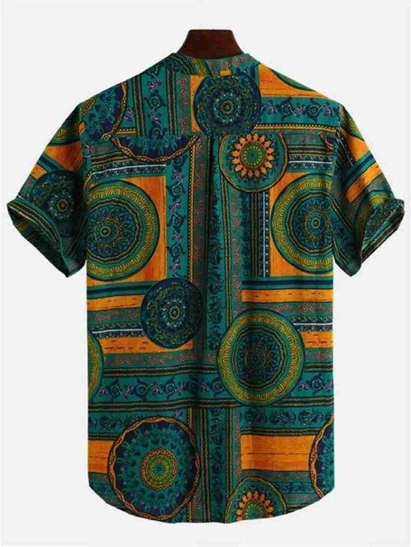 Ethnic Printed Mandarin Collar Shirt - Rayon, L (Chest Size: 44 in, Length Size: 29.5 in) 