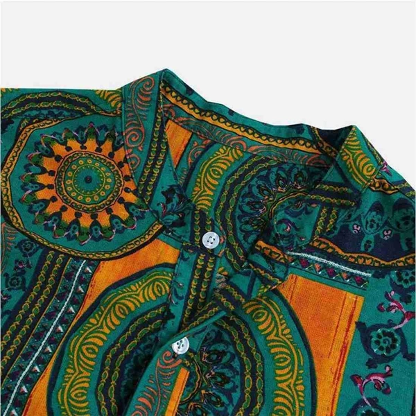 Ethnic Printed Mandarin Collar Shirt - Rayon, L (Chest Size: 44 in, Length Size: 29.5 in) 