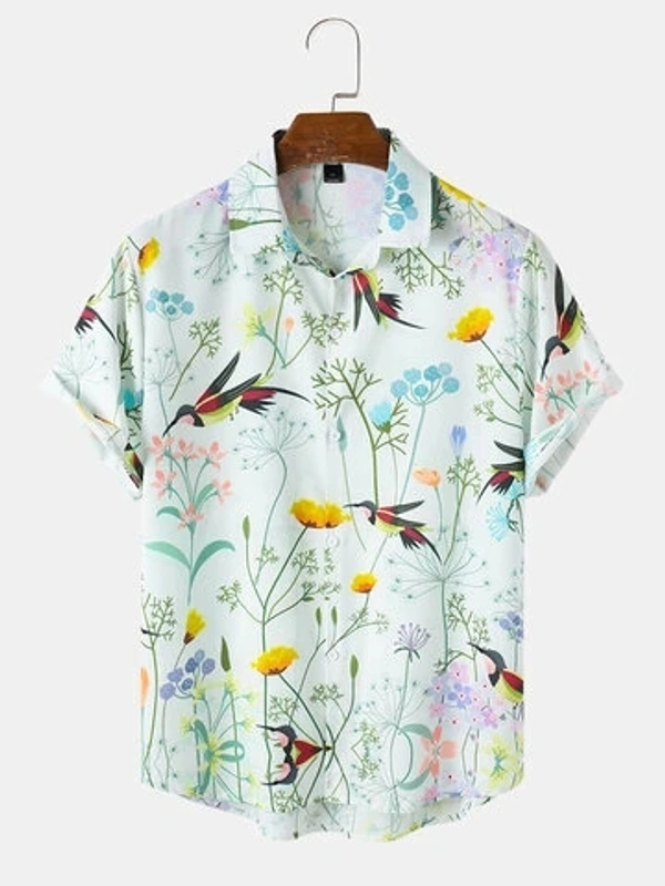 Birds Floral Painting Print Half Sleeve Shirts - poly cotton, L (Chest Size: 44 in, Length Size: 29.5 in) 
