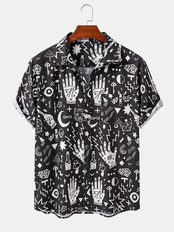 Abstract Element Print Pattern Half Sleeve Shirt - poly cotton, L (Chest Size: 44 in, Length Size: 29.5 in) 
