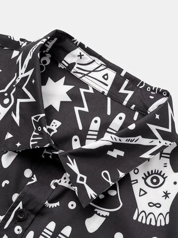 Abstract Element Print Pattern Half Sleeve Shirt - poly cotton, L (Chest Size: 44 in, Length Size: 29.5 in) 