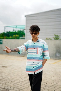 Colourblocked Striped half sleeve Shirt - cotton blend, L