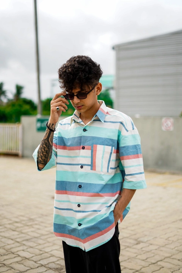 Colourblocked Striped half sleeve Shirt - cotton blend, XL