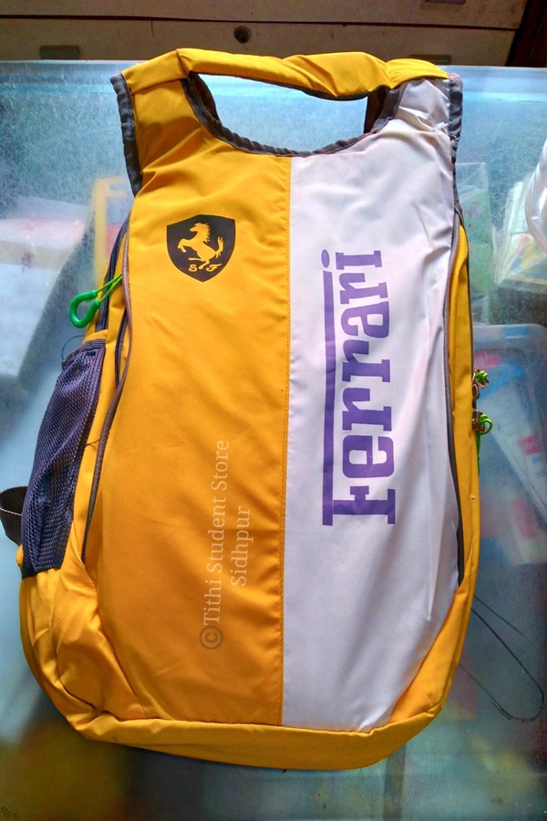 School Bag TSS128225 - Lightweight yet durable backpack/daypack for school /college use or everyday outingsPadded back pane, 12×16×4 inch, Light Yello with Ferrari logo