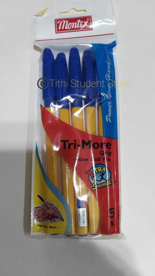 Montex Tri-More Grip Ball Pen 5 Piece Pack - Blue Ink,  