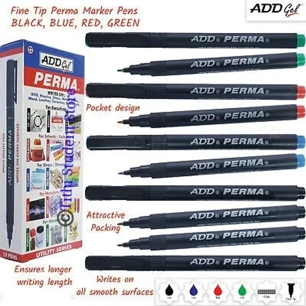 ADD Perma Marker Pack Of 10 Pieces +Offer : Two 0.7mm Mechanical pencil Free with this pack  - Black Ink, Offer: One Piece free with this pack.