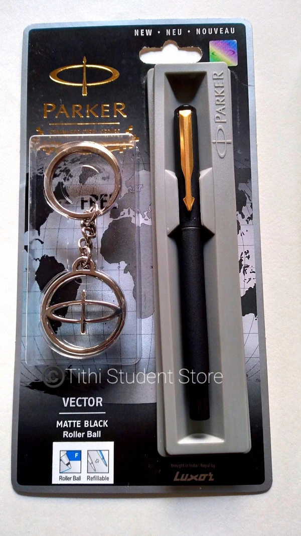 Parker Vector Matte Black Roller Ball Pen + Parker Logo Keychain Free - Blue Ink