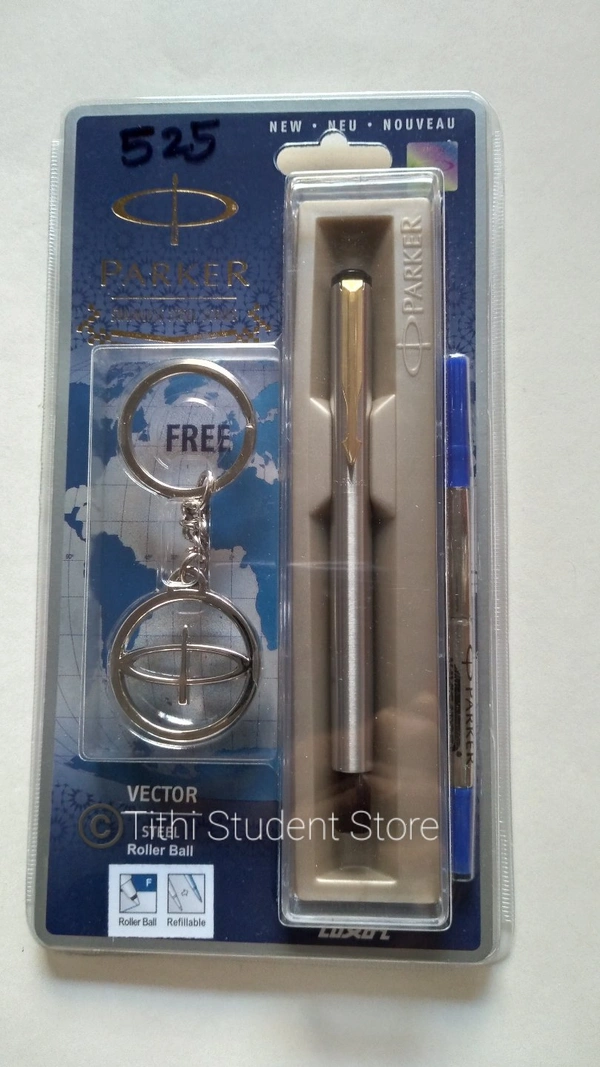 Parker Vector SS Roller Ball Pen + Parker Logo Keychain Free  - Blue Ink