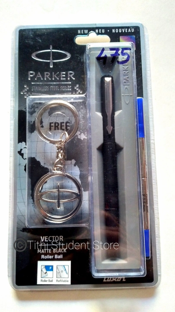 Parker Vector Matte Black SS + Parker Logo Keychain Free  - Blue Ink 