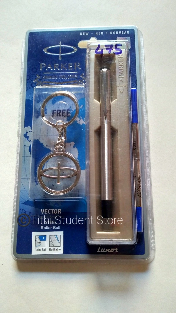 Parker Vector Steel Roller Ball Pen + Parker Logo Keychain Free  - Blue Ink 