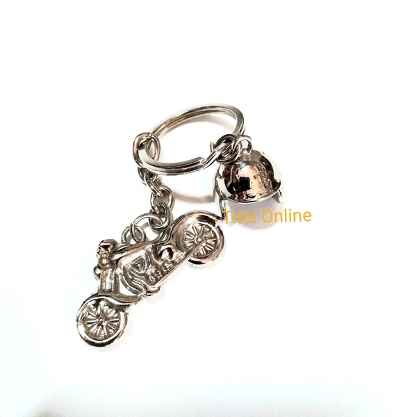Motorcycle With Helmet Silver Finish Metal Keychain - Silver