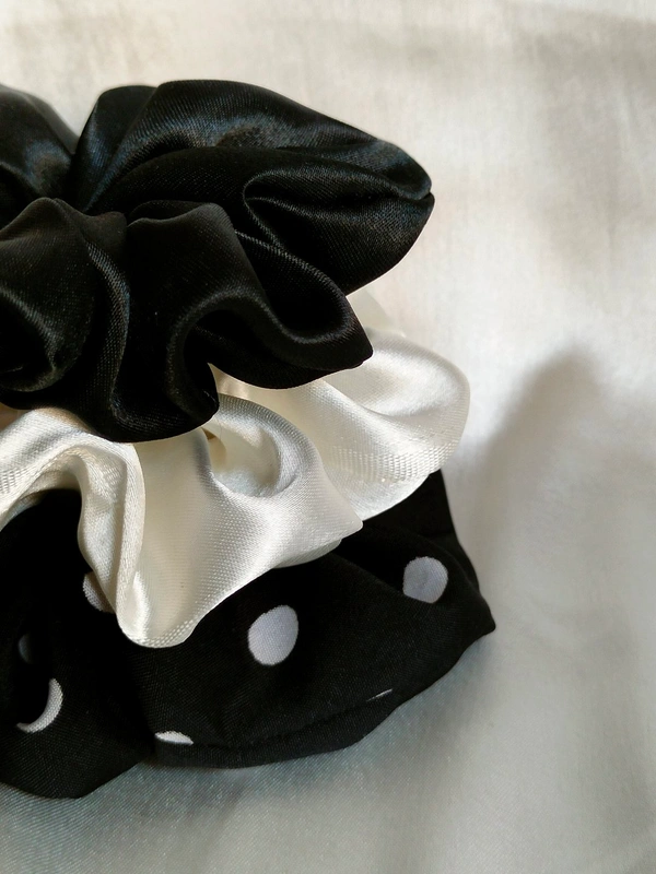 Basic Combo Of 2 Satin And One Printed Scrunchies - black | white | black polka dot , regular