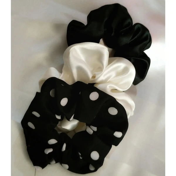 Basic Combo Of 2 Satin And One Printed Scrunchies - black | white | black polka dot , regular