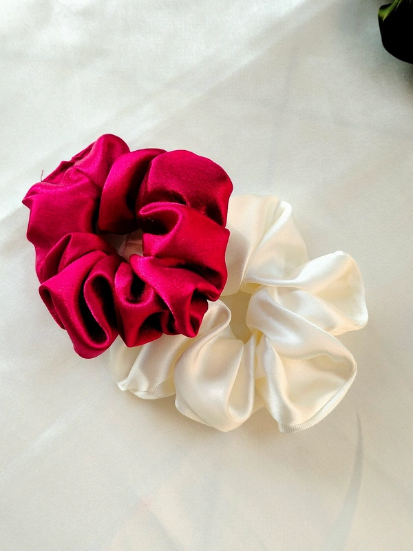 Satin Scrunchies Set Of 2  - Valentine Red + Cream white, regular