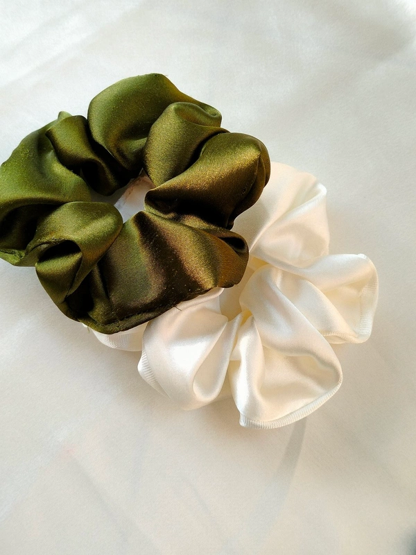 Satin Scrunchies Set Of 2  - Olive green+Cream white, regular