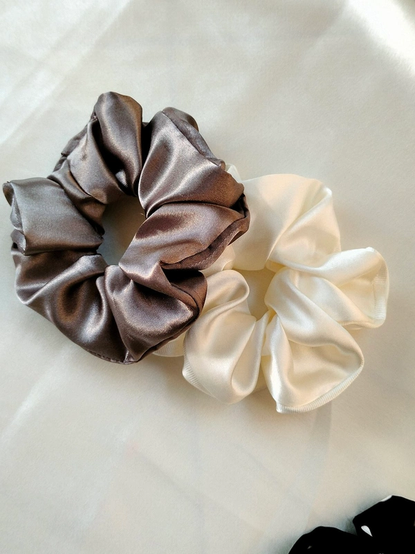 Satin Scrunchies Set Of 2  - Ash grey + Cream white, regular