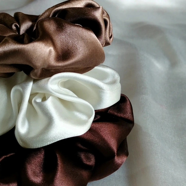 SATIN Scrunchie Combo Of 3  - Dark brown+Cream white+Begie, regular