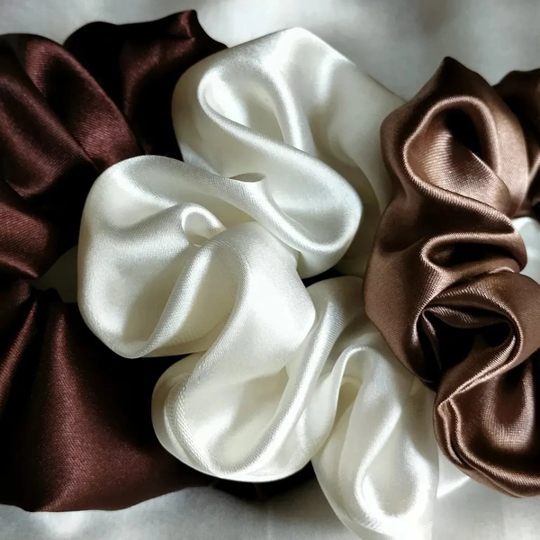 SATIN Scrunchie Combo Of 3  - Dark brown+Cream white+Begie, regular