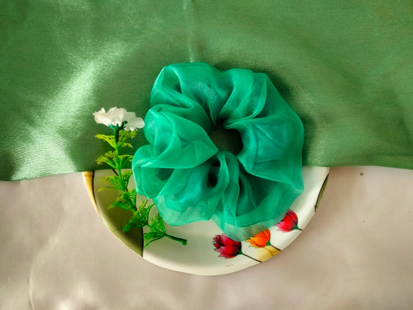 Combo Of 3 Organza Mix Satin Scrunchies - Emberial green 💚 • Yellow 💛 • Peach 🍑, Large (L)