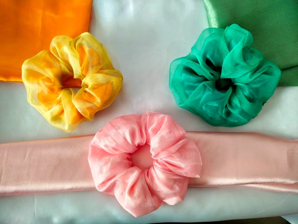 Combo Of 3 Organza Mix Satin Scrunchies - Emberial green 💚 • Yellow 💛 • Peach 🍑, Large (L)