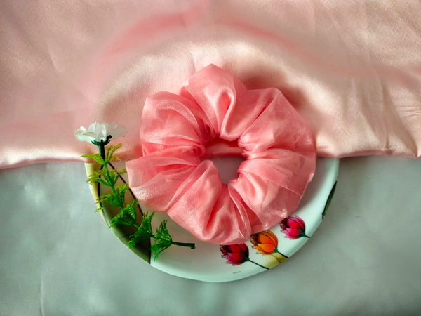 Combo Of 3 Organza Mix Satin Scrunchies - Emberial green 💚 • Yellow 💛 • Peach 🍑, Large (L)