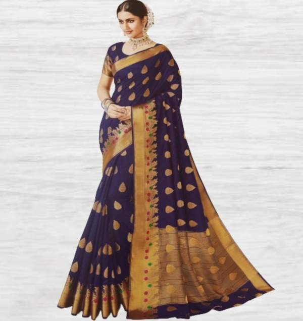 Raw Silk Saree - Deep-blue & golden