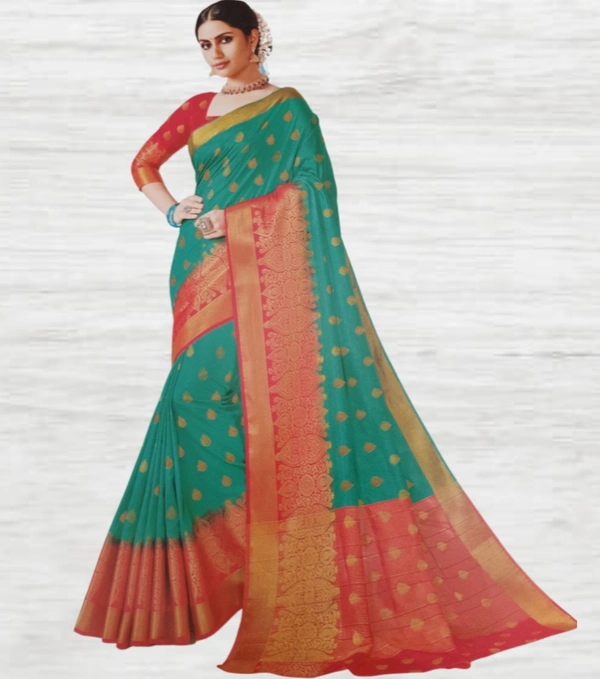 Raw Silk Saree - Bottle-green & Pinkish-red