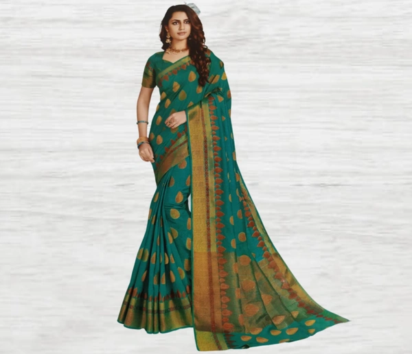 Raw Silk Saree - Bluish-green 