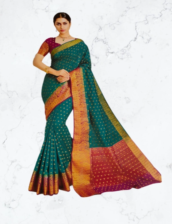 Raw Silk Saree - Sky blue-maroon
