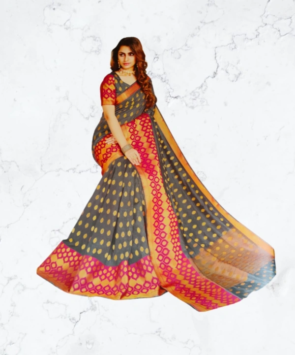 Raw Silk Saree - Grey-Cherry