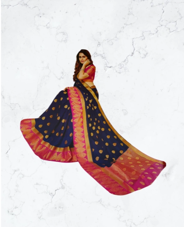 Raw Silk Saree - Deep blue-Pink