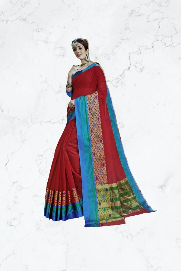 Border Wali Saree Lilen Cotton - Red-blue border
