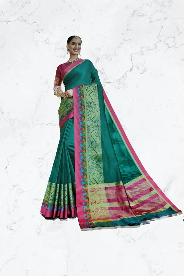 Lilen Cotton Border Wali Saree - Green