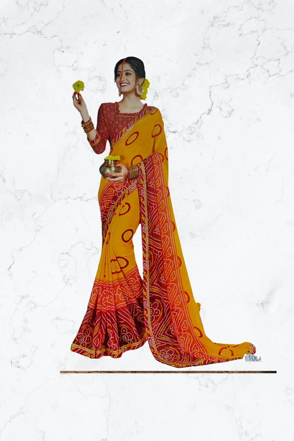 Georgette Saree Designer Printed(Festival Special) - Yellow-red