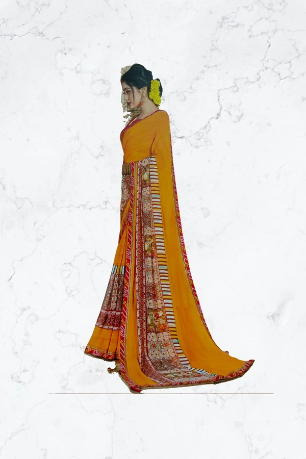Georgette Saree Designer Printed(Festival Special) - Yellow-red