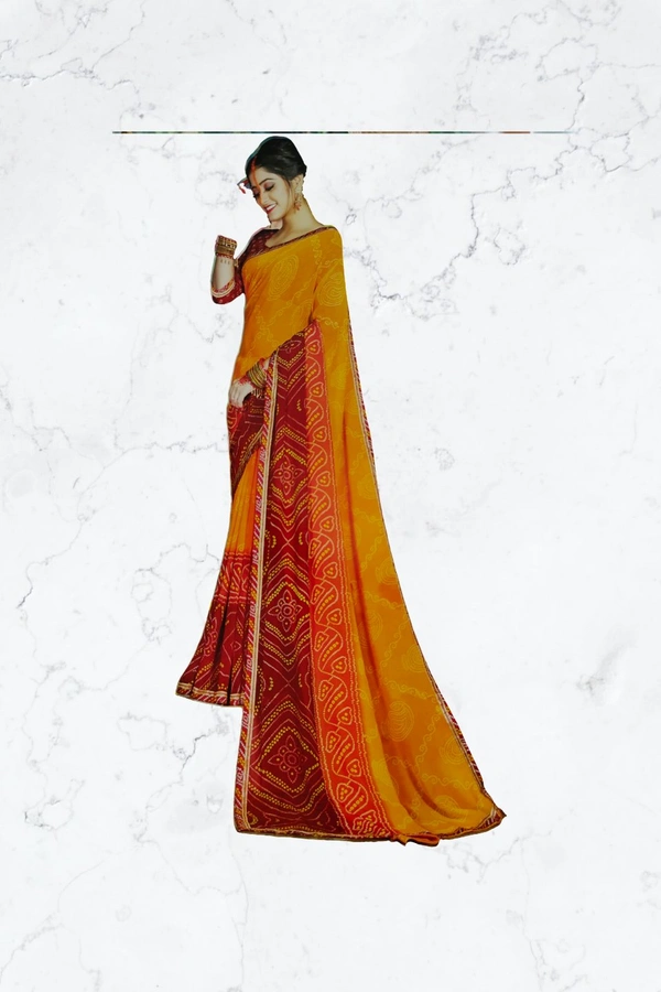 Georgette Saree Designer Printed(Festival Special) - Yellow-red