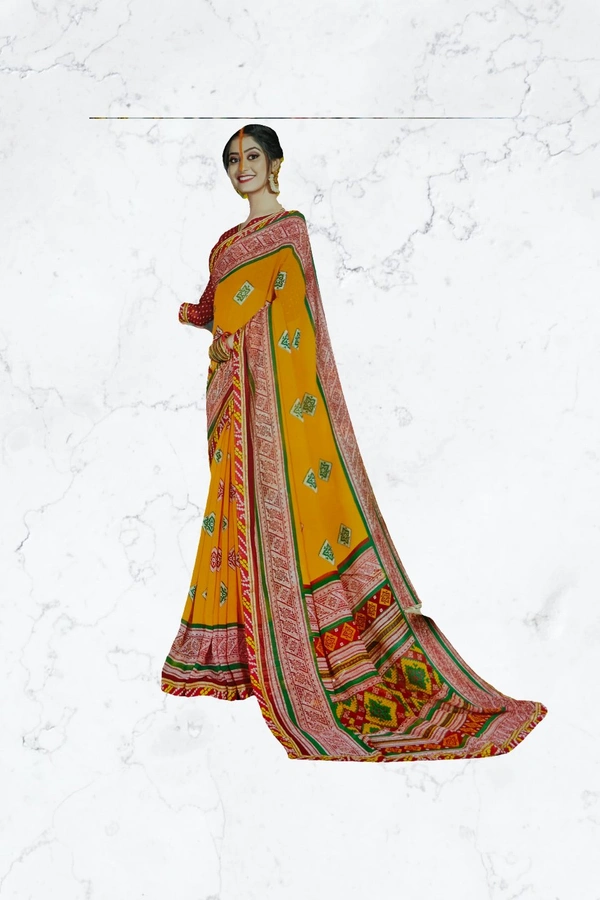 Georgette Saree Designer Printed(Festival Special) - Yellow-red
