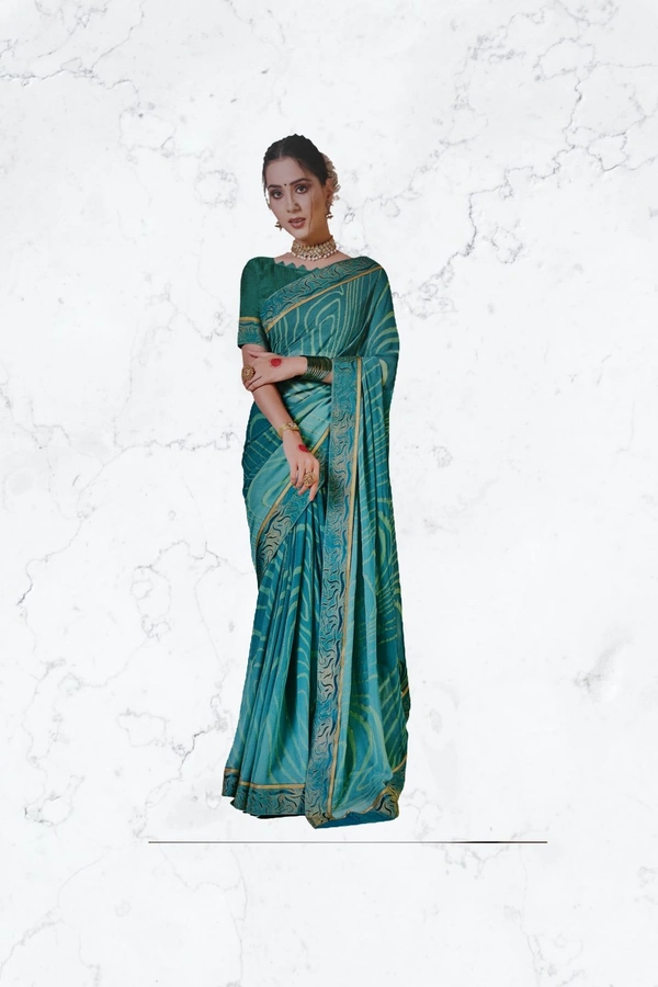 Chiffon Designer Saree Attractive Border* - Sea Blue