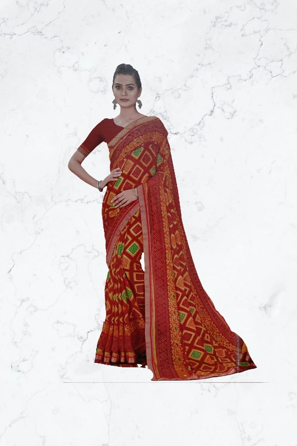 Braso Chiffon Designer Saree(Full Print) - Red