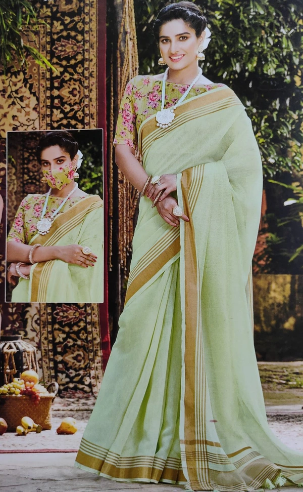 Latest Lilen Cotton Saree With Floral Blouse And Matching Mask Free - Light-Green