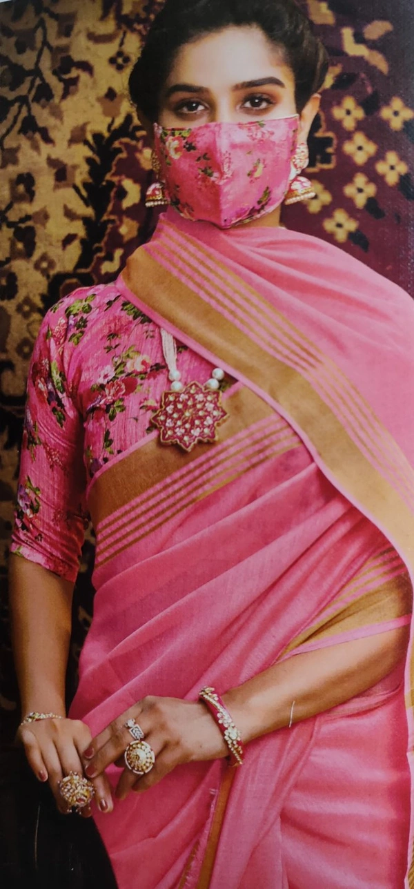 Latest Lilen Cotton Saree With Floral Blouse And Matching Mask Free - Queen-Pink