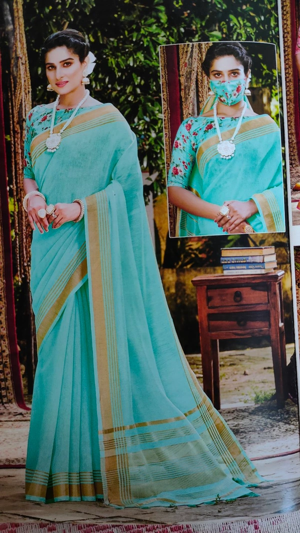 Latest Lilen Cotton Saree With Floral Blouse And Matching Mask Free - Sea-Blue
